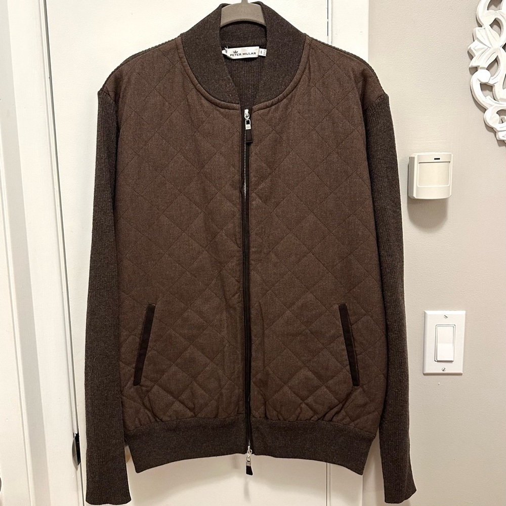 Peter Millar Quilted Bomber Sweater Jacket Mens L Zip Up Merino Wool Knit Brown